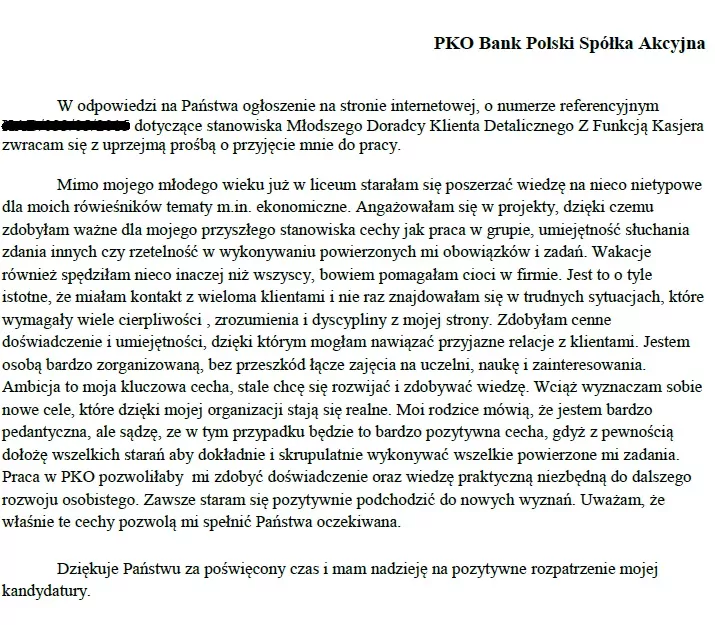 list motywacyjny bank